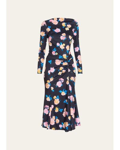 Monique Lhuillier Floral-print Long-sleeve Midi Dress With Side Drape - Blue