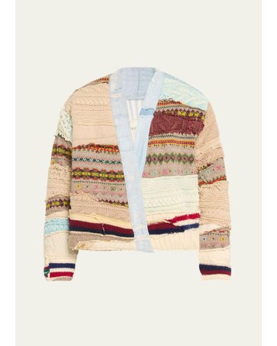 Greg Lauren Mixed Fair Isle Patchwork Cropped Jacket - Natural