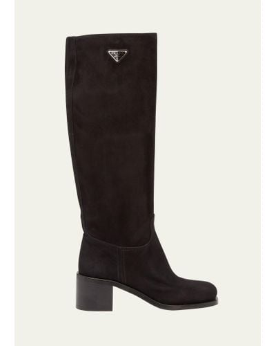 Prada Suede Block-heel Knee Boots - Black
