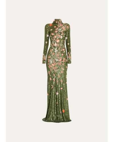 Naeem Khan Floral-embroidered Sequin High-neck Gown - Green
