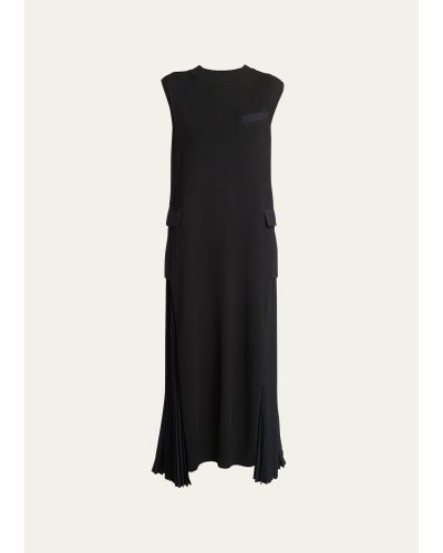 Sacai Sleeveless Mock-neck Pleated Midi Dress With Pocket Detail - Black