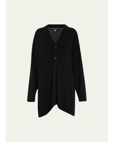Eskandar Wide V-neck Button Cardigan (long Plus Length) - Black