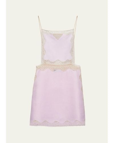 Prada Linen Mini Dress With Lace Embroidery - Pink