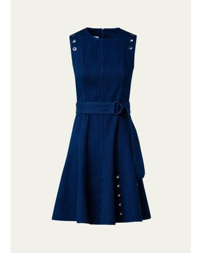 Akris Punto Belted Stretch Denim Short Dress With Eyelet Applications - Blue