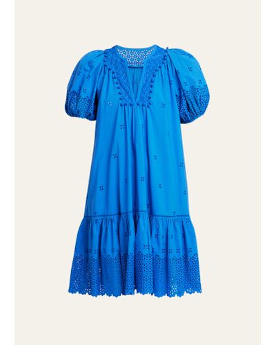Ulla Johnson Aurora Short Embroidered Poplin Puff-sleeve Dress - Blue
