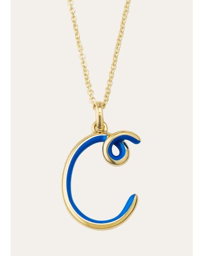 Bea Bongiasca Letter C Pendant Necklace In 9k Yg With Half Enamel In Cobalt - Blue