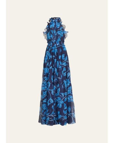 PATBO Nightflower Open-back Floral Chiffon Maxi Dress - Blue