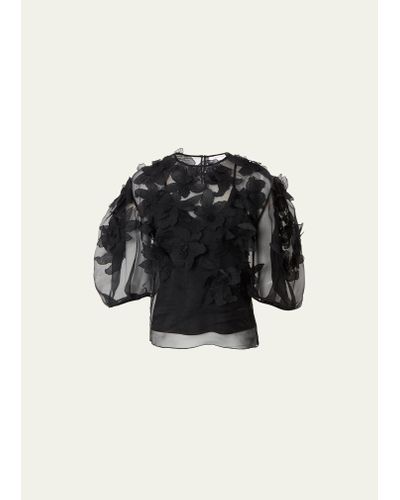 Carolina Herrera Floral Embroidered Puff-sleeve Sheer Top - Black