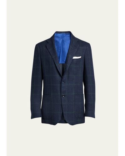 Kiton Cashmere-linen Windowpane Sport Coat - Blue