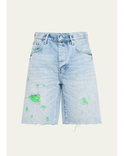 Purple Neon Distressed Relaxed Denim Shorts - Blue