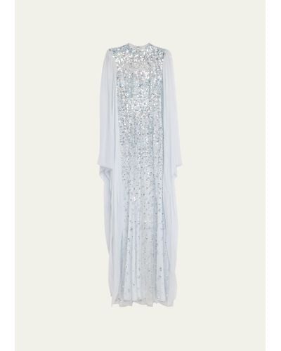 Jenny Packham Rita Bead-embellished Gown With Cape-sleeves - White