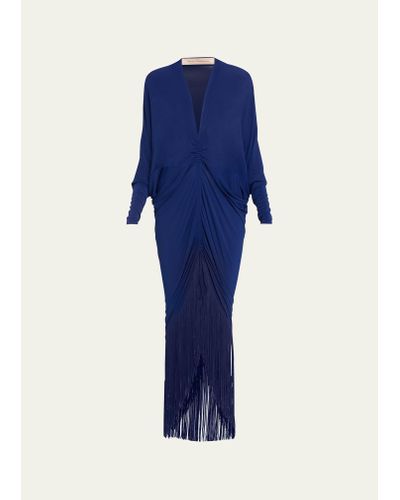 Silvia Tcherassi Rosalyn Ruched Maxi Dress With Fringe Trim - Blue