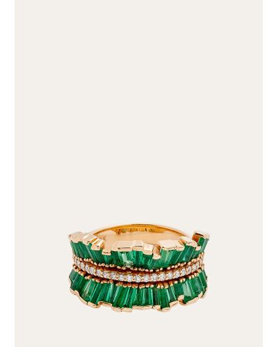 Nak Armstrong Double Ruched Ribbon Ring With Emerald And Diamonds - Green