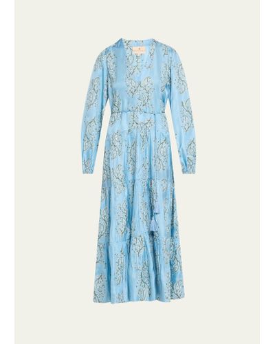 Hannah Artwear Larissa Embroidered Silk Habotai Tiered Midi Dress - Blue