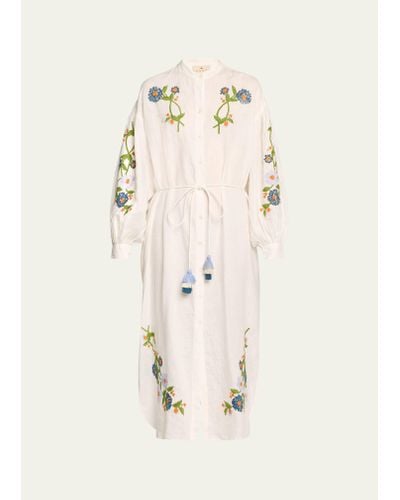 Hannah Artwear Everly Tassel-tie Embroidered Linen Midi Dress - Natural