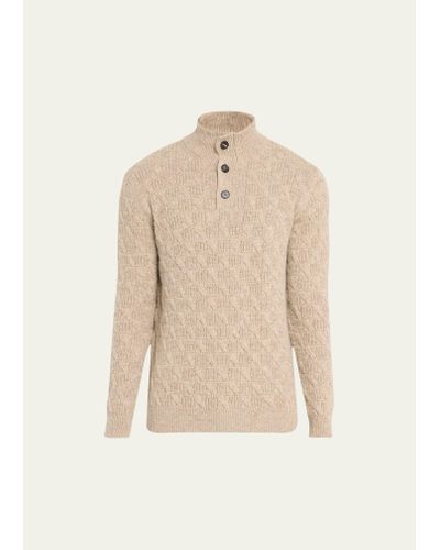 Bergdorf Goodman Cashmere Cable Knit Mock Neck Sweater - Natural
