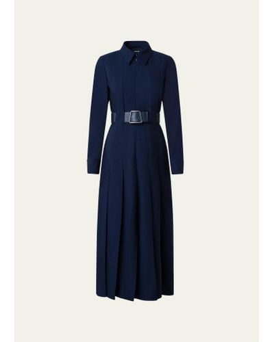 Akris Wool Zip-front Midi Dress With Leather Belt - Blue