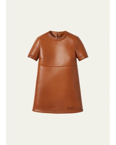 Miu Miu Nappa Leather Short-sleeve Mini Dress - Brown