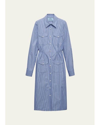 Prada Stripe Chambray Button Down Midi Dress - Blue