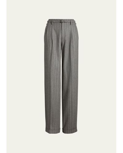 Ralph Lauren Collection Stamford Chalk Stripe Wool Belted Pants - Gray
