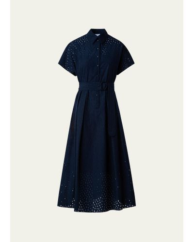 Akris Punto Lasercut Grid Cotton Popeline Dress With Belt - Blue