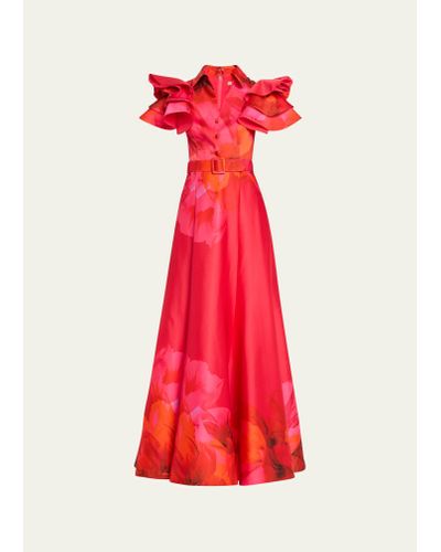 Badgley Mischka Floral-print Ruffle-sleeve Shirt Gown - Red