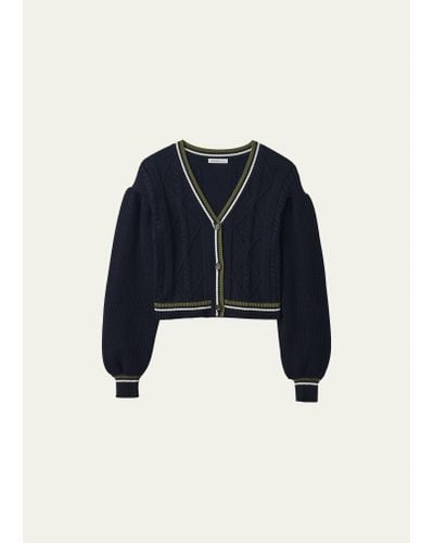 ADEAM Camilla Cable-knit Puff-sleeve Cardigan - Blue
