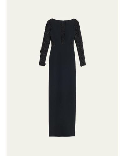 Pamella Roland Black Crepe Gown With Lace Panels And Sleeves - Blue