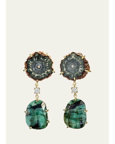 Jan Leslie 18k Bespoke 2-tier Luxury Earrings W/ Brown Stalactite, Faceted Emerald & Diamonds - Green