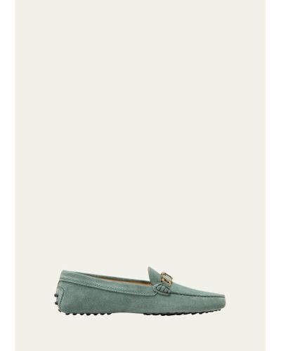 Tod's Gommini Suede Chain Driver Loafers - Green