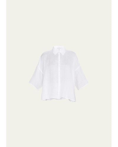 Eskandar Wide A-line Collared Linen Shirt (mid Length) - White