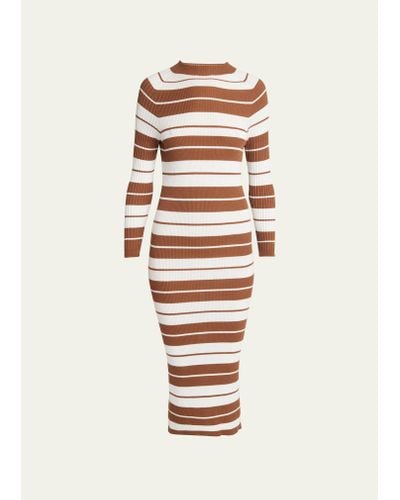 MERYLL ROGGE Striped Seamless Body-con Midi Wool Dress - White