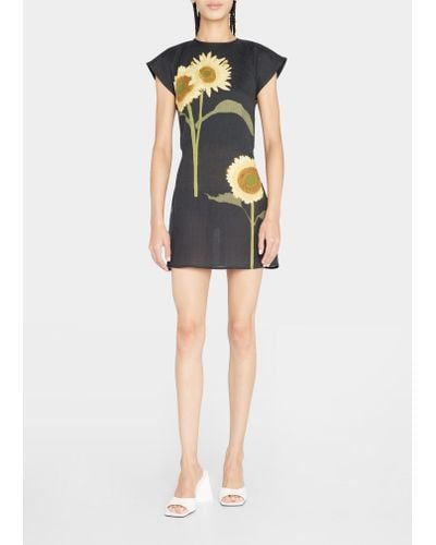 BERNADETTE Sunflower-print Linen Mini Dress - Black