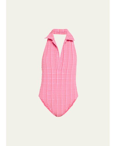 Lisa Marie Fernandez Striped Seersucker Polo One-piece Swimsuit - Pink
