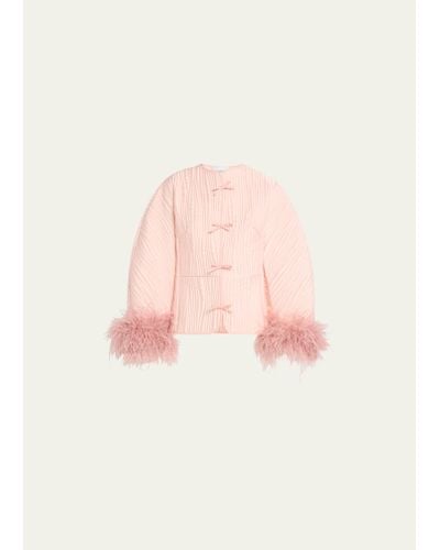 Sleeper Hebao Quilted Tie-front Feather-cuff Jacket - Pink