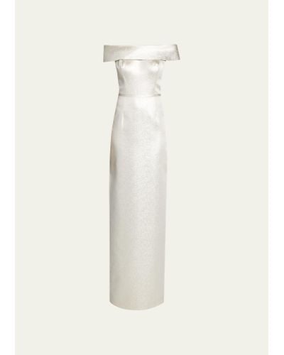 Teri Jon Cuffed Off-the-shoulder Metallic Column Gown - White