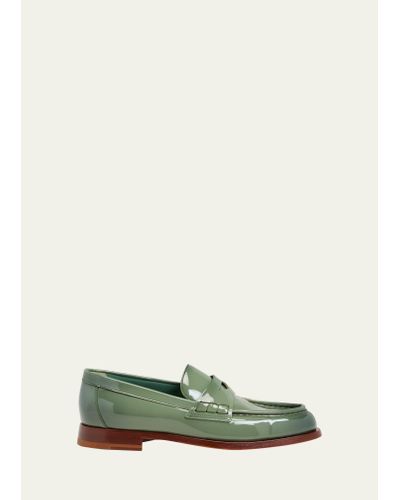 Santoni Airglow Patent Penny Loafers - Green