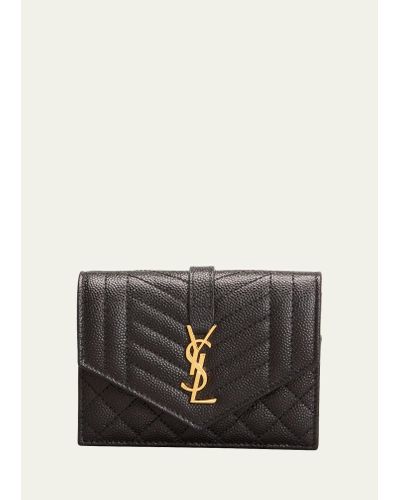 Saint Laurent Envelope Small Ysl Flap Wallet In Grained Leather - Black