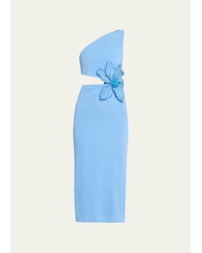 PATBO Flower Applique One-shoulder Midi Dress - Blue