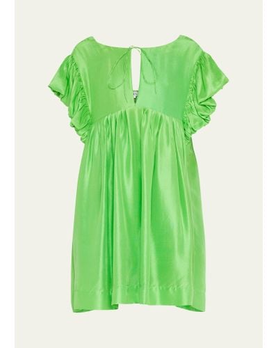 Azeeza Lane Silk Keyhole Mini Babydoll Dress - Green