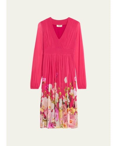 Fuzzi Blouson-sleeve Floral-print Tulle Midi Dress - Pink