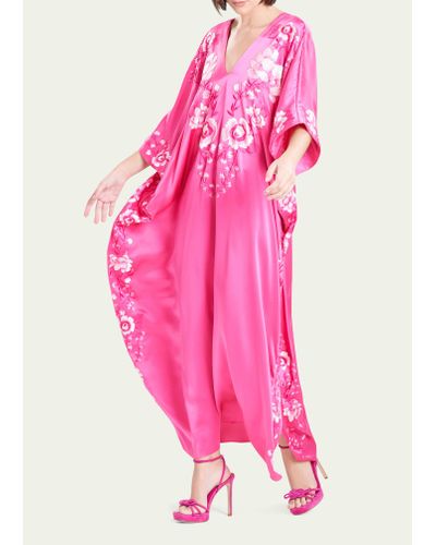Natori Hanabi Floral-embroidered Dolman-sleeve Caftan - Pink
