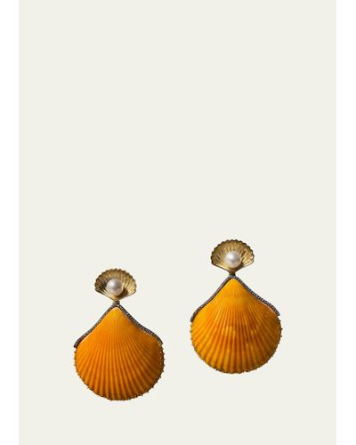 Silvia Furmanovich 18k Yellow Gold Orange Shell Earrings With Diamonds And Pearls