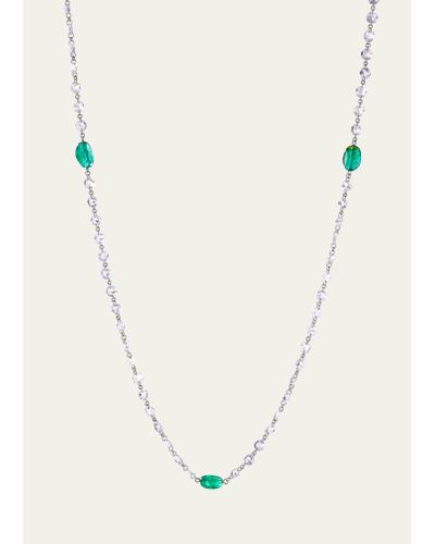 64 Facets Platinum Necklace With Diamonds And Emerald Beads - Natural