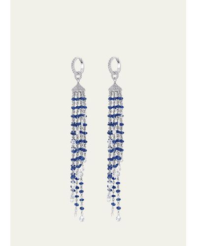 64 Facets 18k White Gold Spiral Tassel Earrings With Natural Sapphire Beads And Diamonds