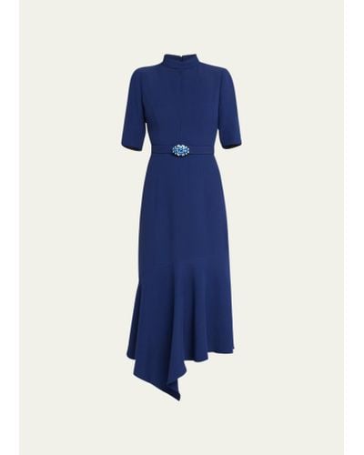 Andrew Gn Asymmetric Midi Dress With Embellished Belted Waist - Blue