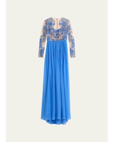 Pamella Roland Pleated Chiffon Gown With Embroidered Tulle Bodice - Blue