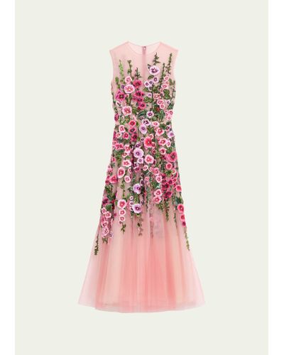 Oscar de la Renta Floral-embroidered Tulle Dress - Pink