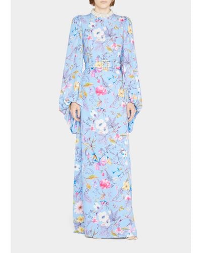 Andrew Gn Pearl-trim Belted Floral-print Silk Gown - Blue