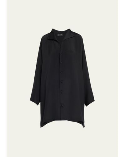 Eskandar Wide Aline Shirt With Open Standup Collar Long Plus - Black
